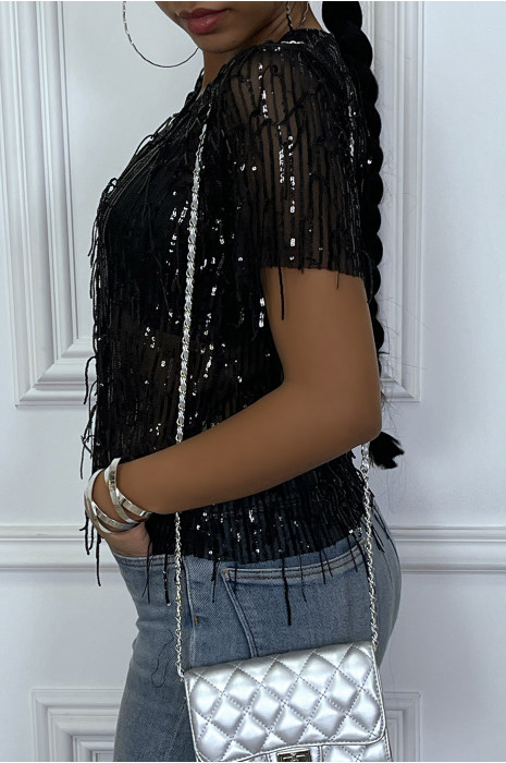 Top noir avec franges en sequins argenté - 2