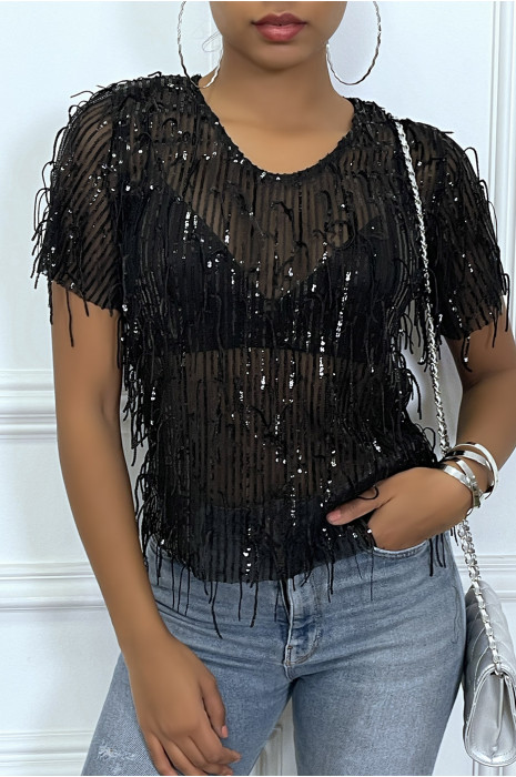 Top noir avec franges en sequins argenté - 3