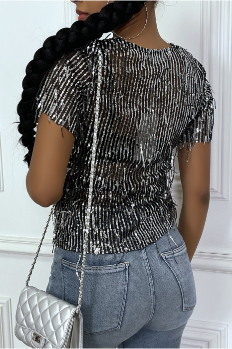 Top argenté avec franges en sequins argenté - 1