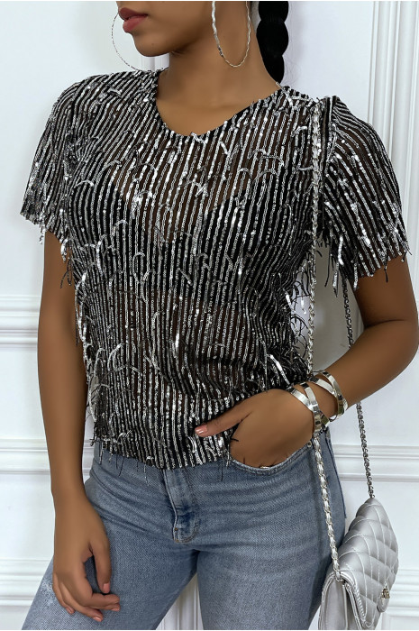 Top argenté avec franges en sequins argenté - 3