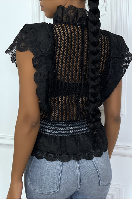 Top noir en dentelle à volant - 1
