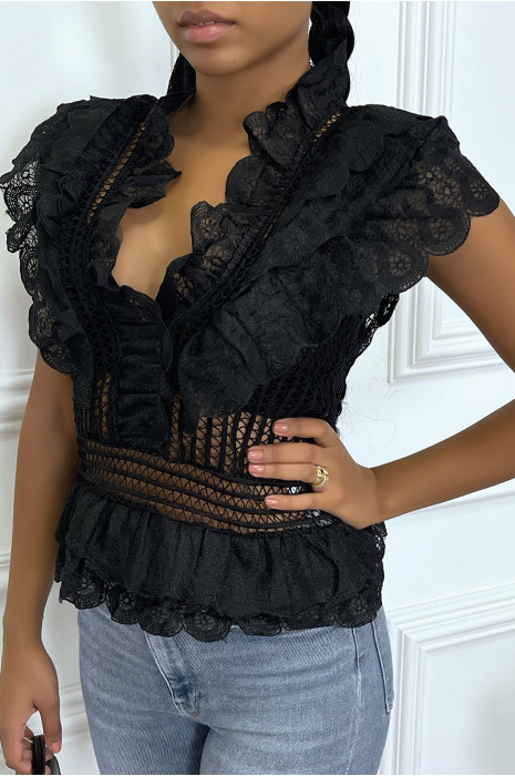 Top noir en dentelle à volant - 2