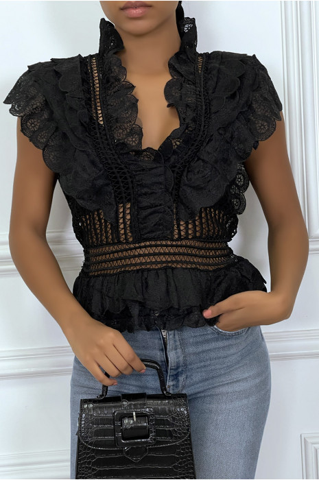 Top noir en dentelle à volant - 4