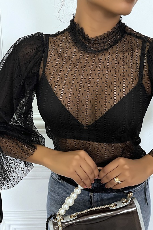 Black lace top with puff sleeves - 2