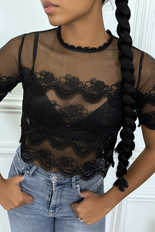 Black lace and sheer crop top - 1