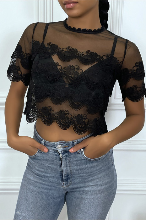 Crop top noir en dentelle et voilage - 4