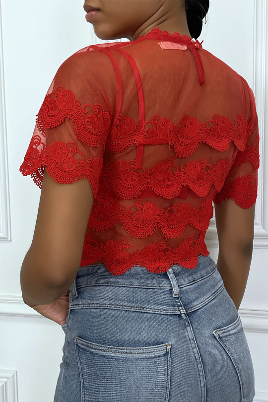Red lace and veil crop top - 1