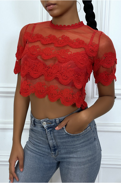 Red lace and veil crop top - 2