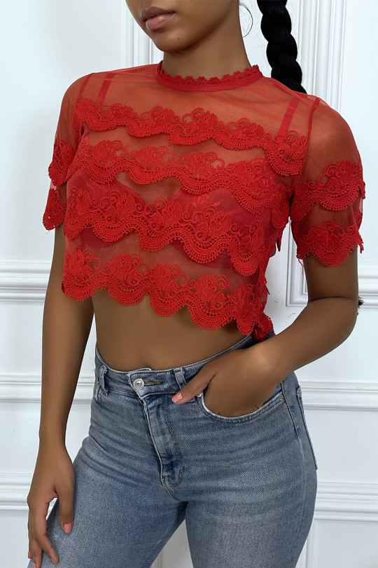 Red lace and veil crop top - 2
