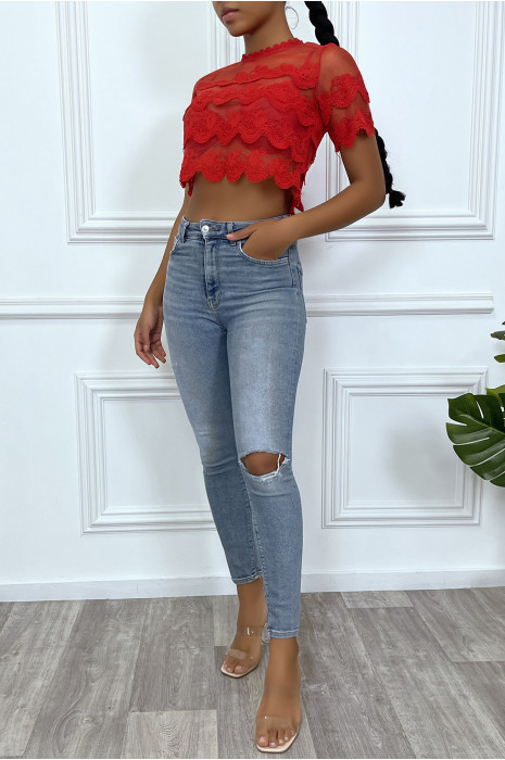 Crop top rouge en dentelle et voilage - 3
