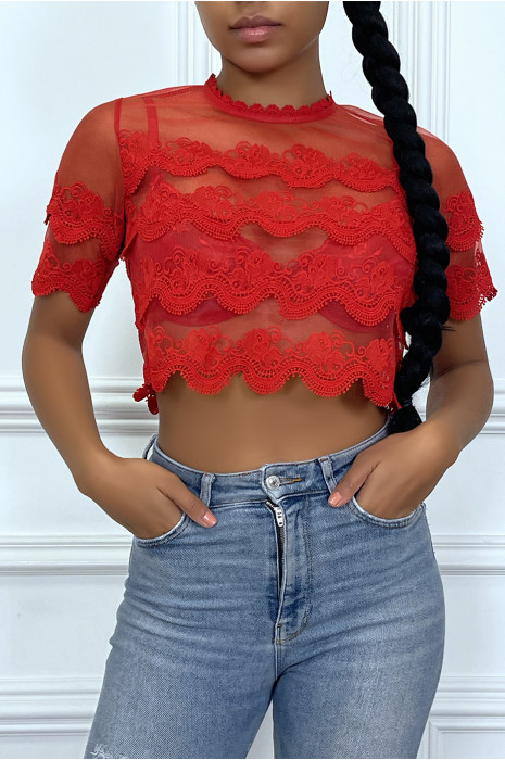 Crop top rouge en dentelle et voilage - 4
