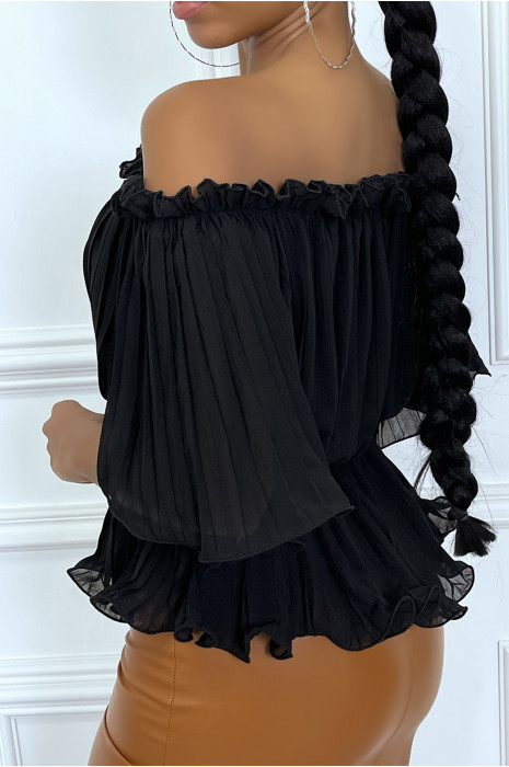 Blouse noir plissé col bateau - 3