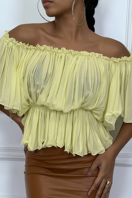 Yellow pleated boat neck blouse - 1