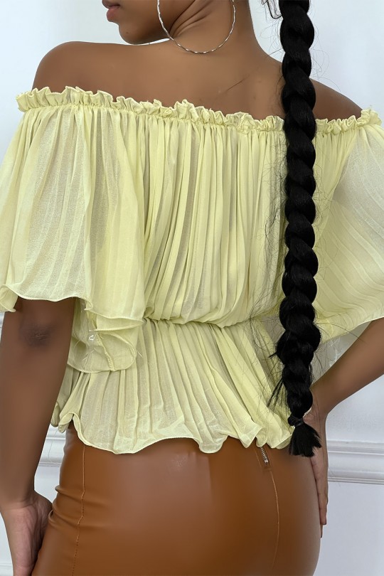 Yellow pleated boat neck blouse - 3