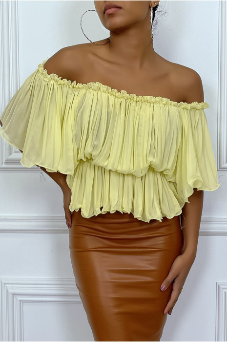 Gele geplooide blouse met boothals - 4