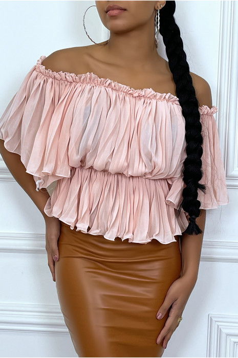 Blouse rose plissé col bateau - 2