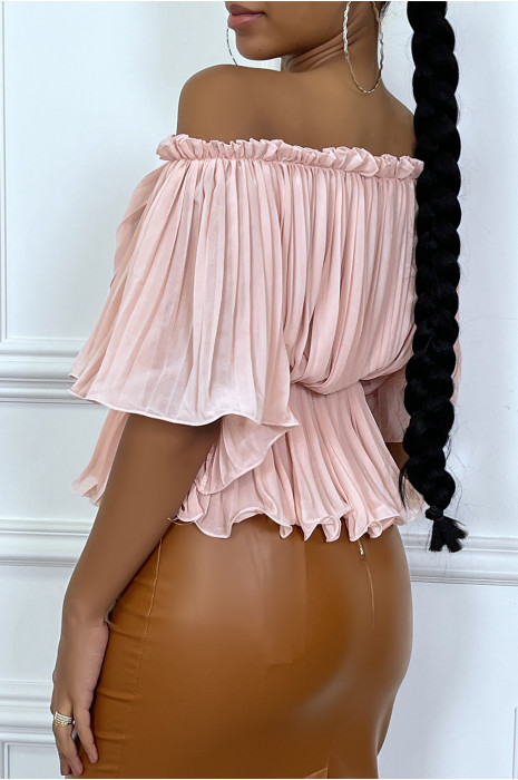 Blouse rose plissé col bateau - 3