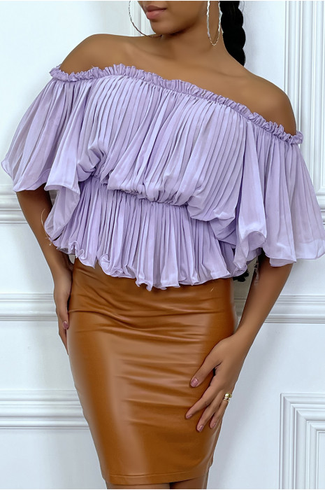Blouse lila plissé col bateau - 1