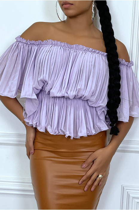 Blouse lila plissé col bateau - 2