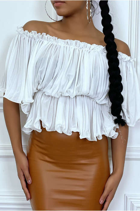 Blouse blanc plissé col bateau - 2