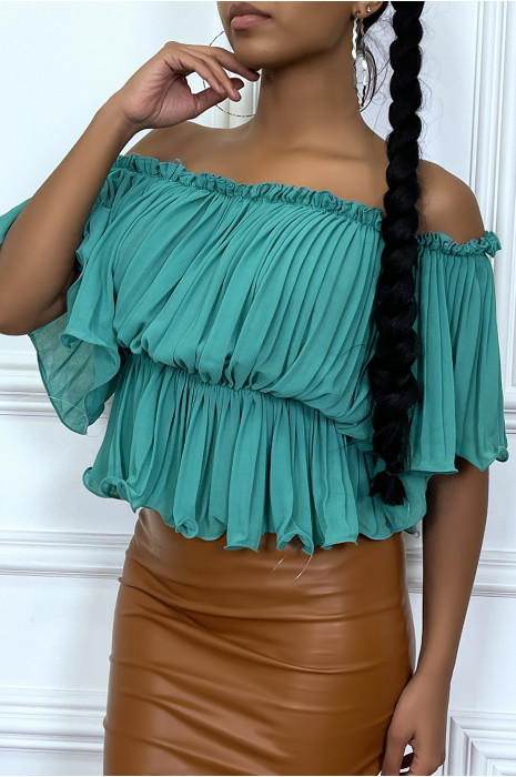Green pleated boat neck blouse - 2