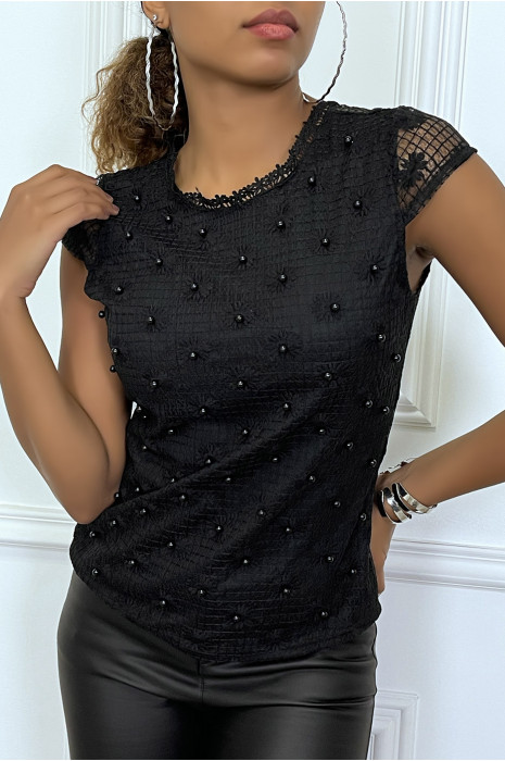 Top noir doublé avec broderie et perles - 2