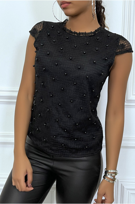 Top noir doublé avec broderie et perles - 3