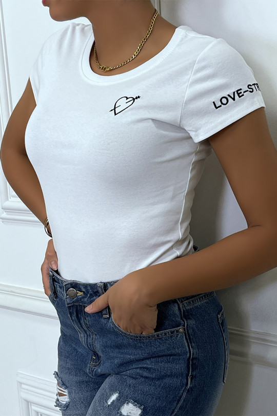 T-shirt blanc avec broderie coeur et écriture à la manche - 2