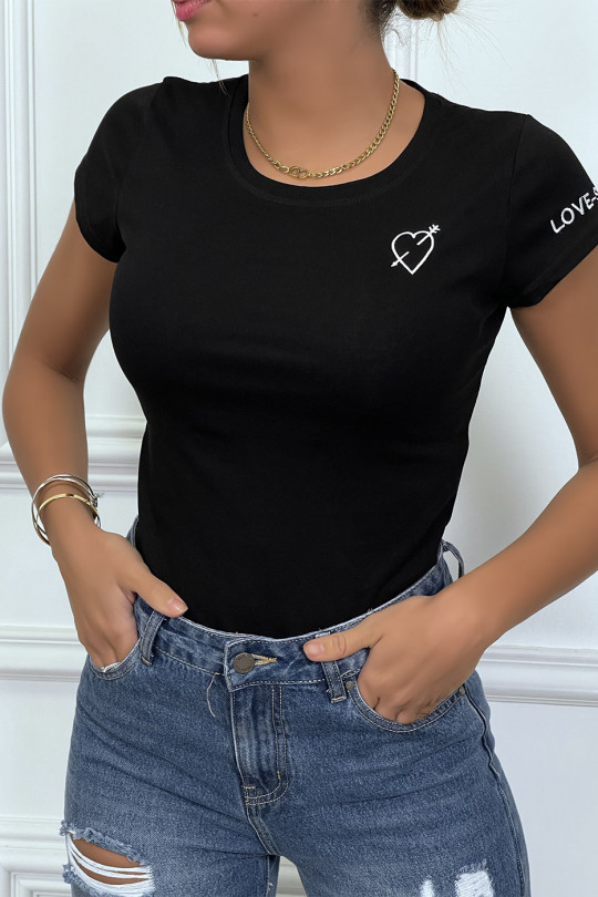 T-shirt noir avec broderie coeur et écriture à la manche - 1