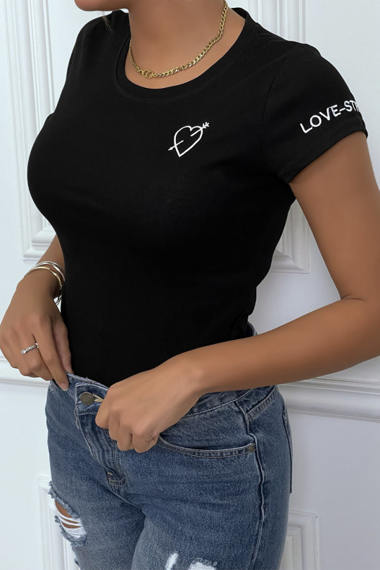 T-shirt noir avec broderie coeur et écriture à la manche - 2