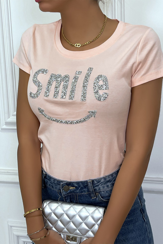 Tee-shirt rose avec écriture SMILE en strass - 1