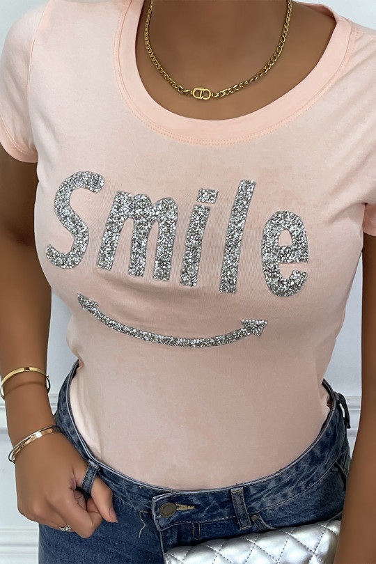 Tee-shirt rose avec écriture SMILE en strass - 2