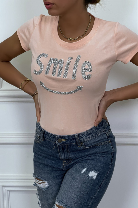 Tee-shirt rose avec écriture SMILE en strass - 3