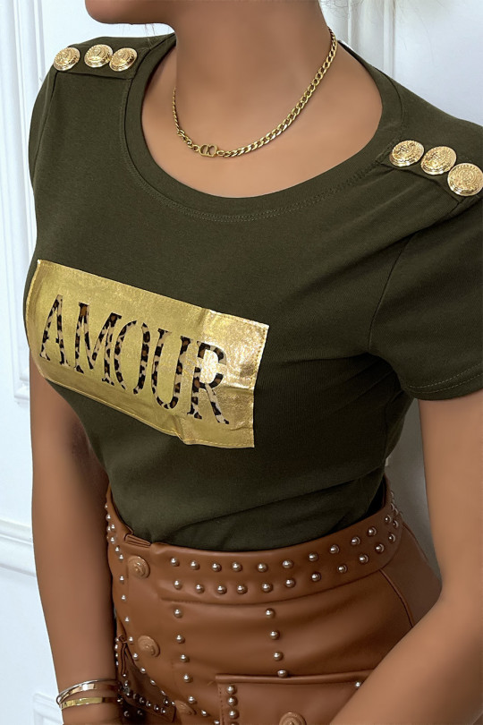 Kaki T-shirt met AMOUR-opschrift en knopen op de schouders - 2
