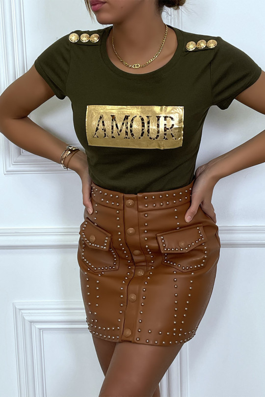 Kaki T-shirt met AMOUR-opschrift en knopen op de schouders - 3