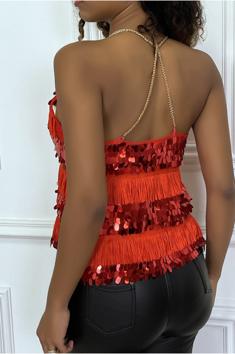 Top rouge à franges et sequins avec bretelles en chaines - 1