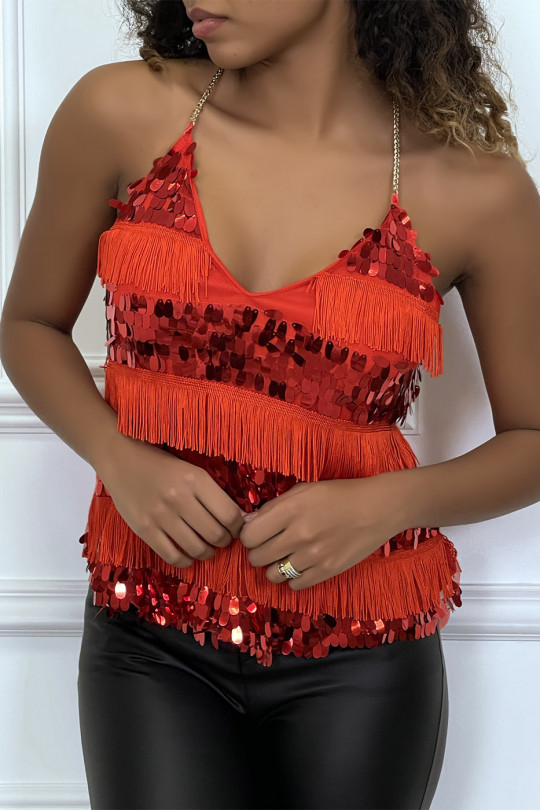 Red fringed and sequined top with chain straps - 2