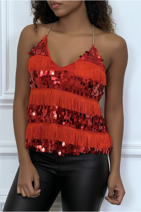 Top rouge à franges et sequins avec bretelles en chaines - 3