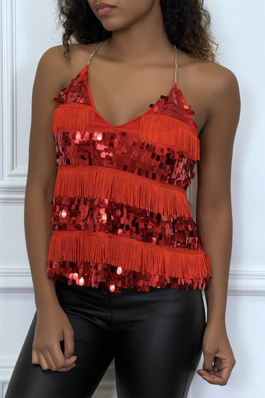 Red fringed and sequined top with chain straps - 3