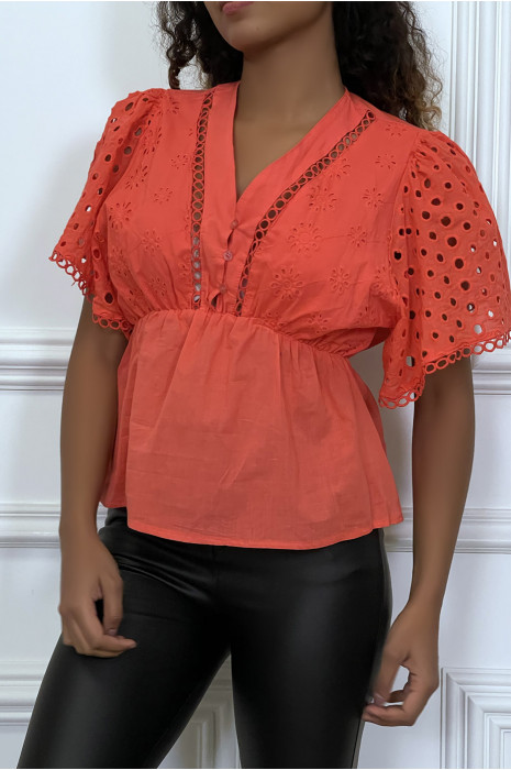 Blouse corail brodée et cintrée à la taille - 1