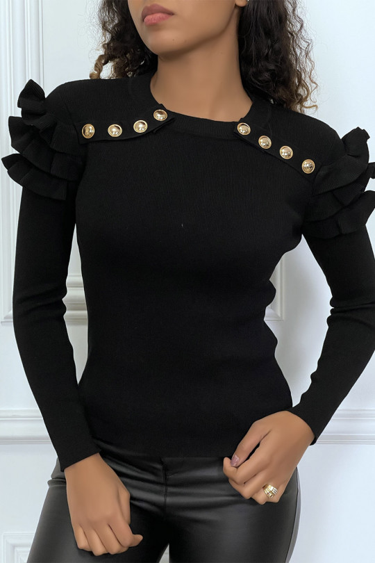 black sweater with gold buttons on sleeves