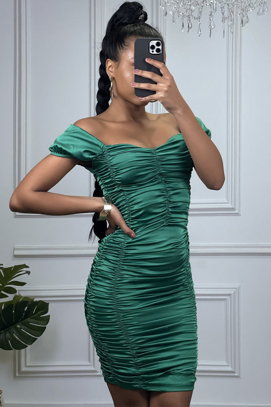 Green satin gathered dress with neckline - 1