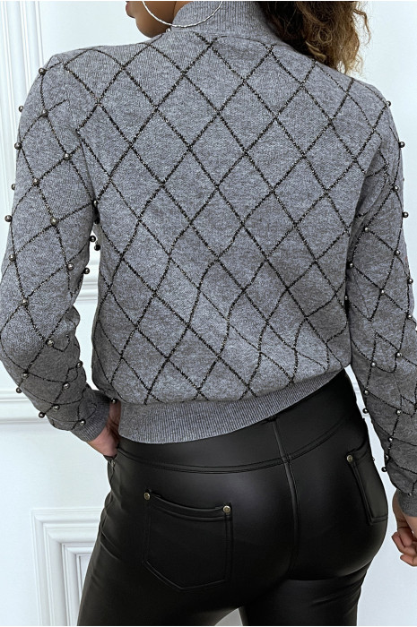 Pull Gris à fil argenté et perlé - 3