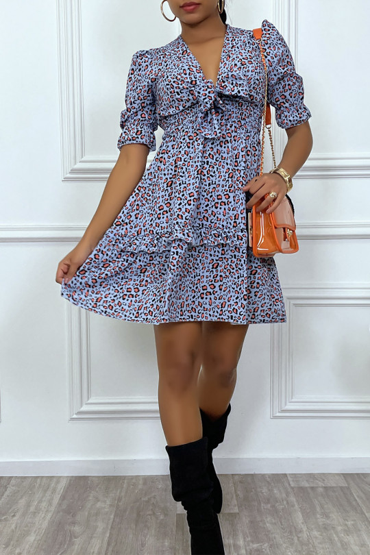 Blue leopard print dress cinched at the waist with a bow at the bust - 6