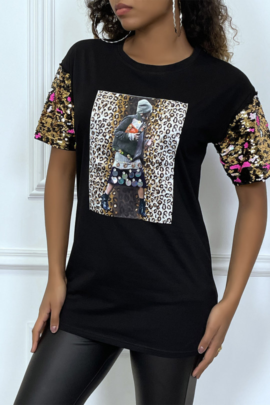 Oversized black t-shirt with leopard pattern and sequins - 1