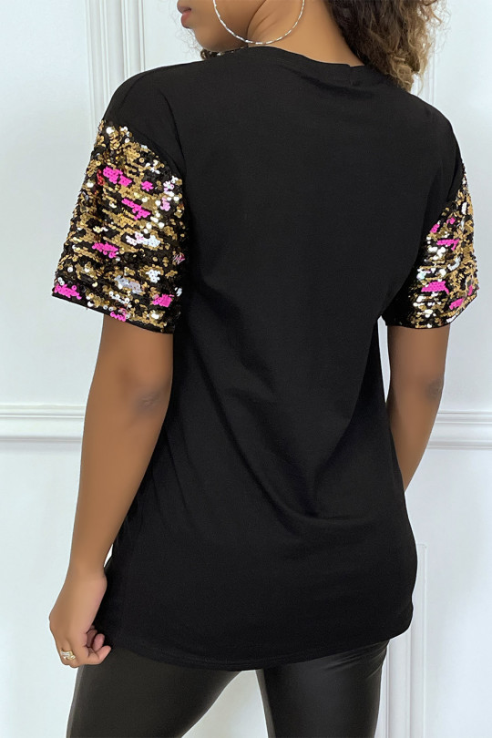 Oversized zwart t-shirt met luipaardpatroon en pailletten - 3