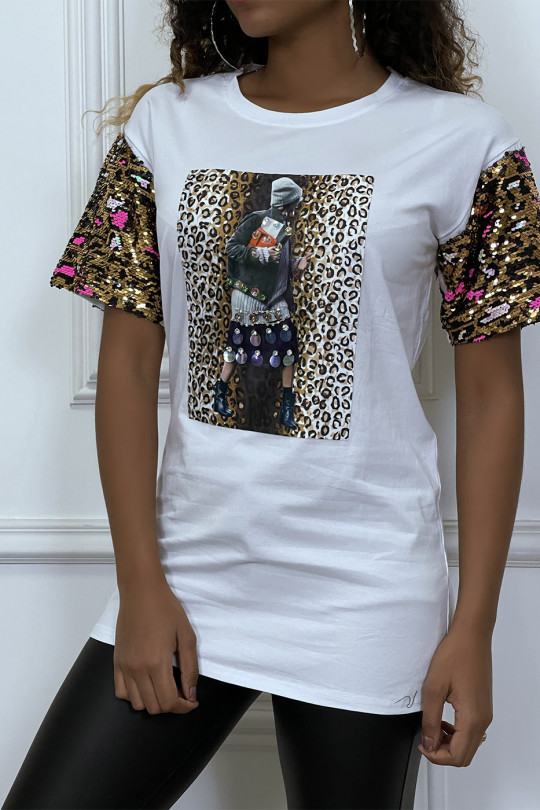 Tee-shirt blanc oversize motif leopard et sequins - 1