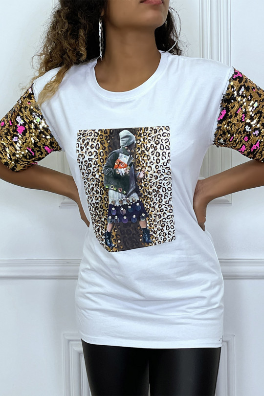 Tee-shirt blanc oversize motif leopard et sequins - 2
