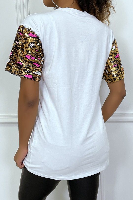 Tee-shirt blanc oversize motif leopard et sequins - 4