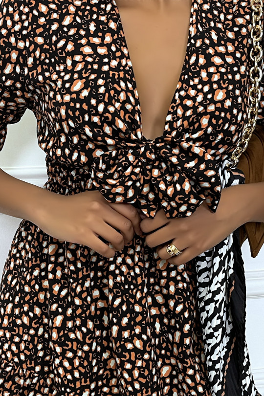 Robe noire motif léopard cintré à la taille avec noeud au buste - 6